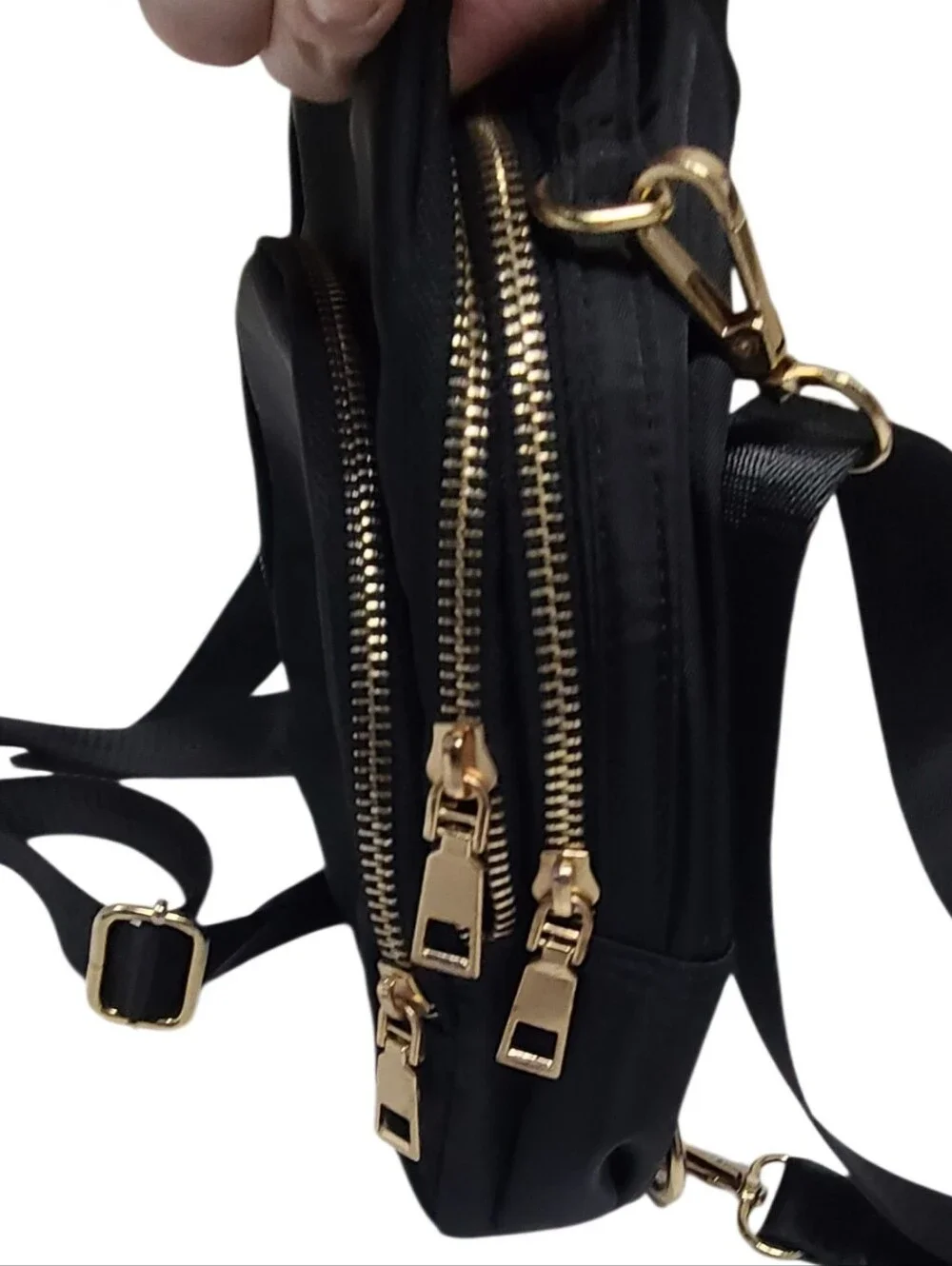 Black Nylon Mini Backpack Convertible Purse Crossbody Shoulder Bag Gold Hardware